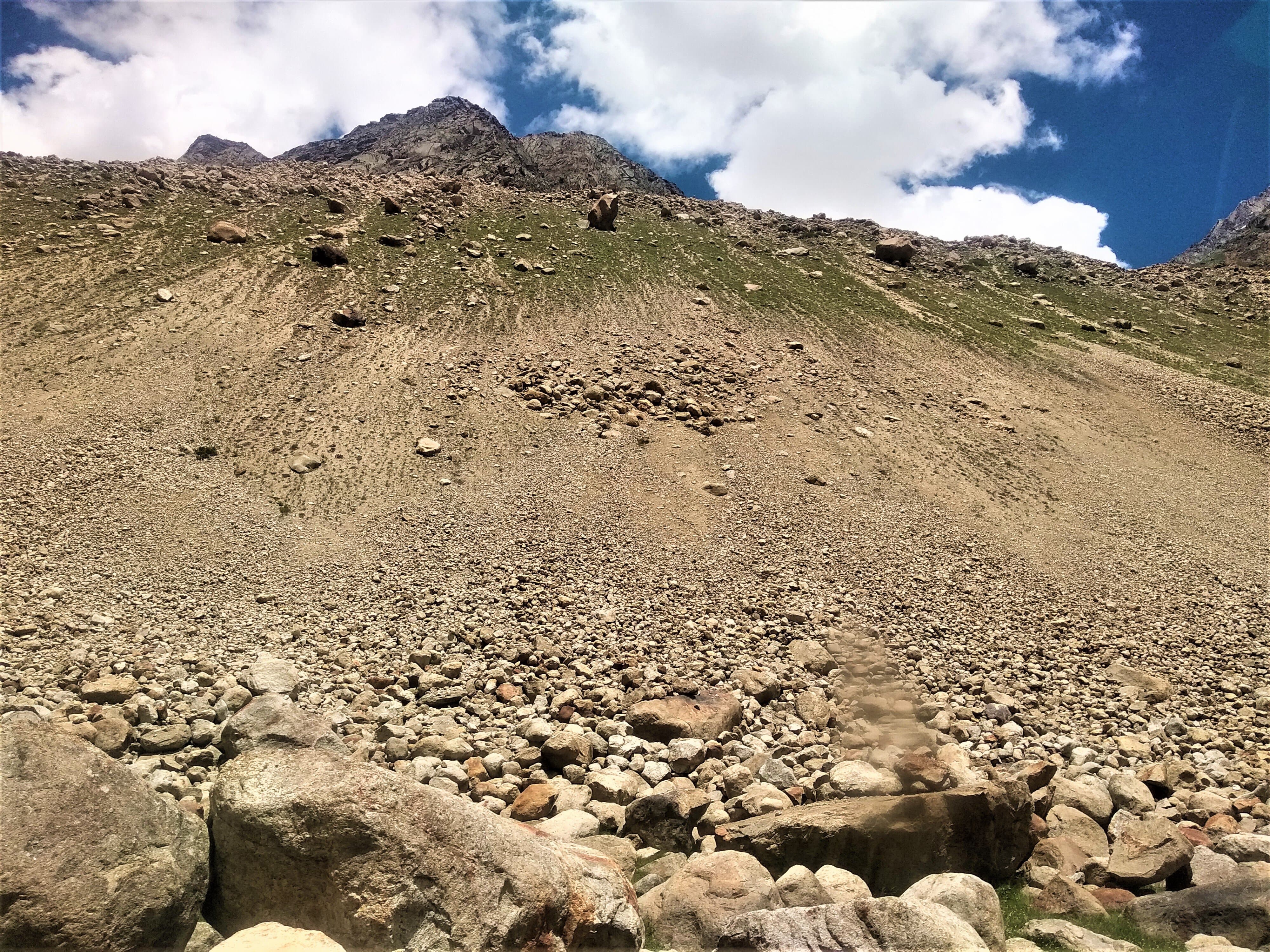Granular segregation visible on a Spiti hillside landslide